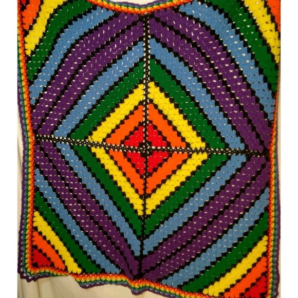 Handmade Crochet Afghan Blanket Rainbow Geometric Stripe Pride Decor Square READ - Picture 2 of 14